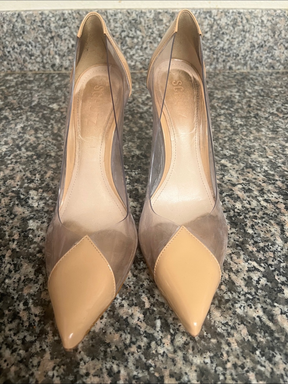SCHUTZ Clear and Nude Pointed-Toe Pumps